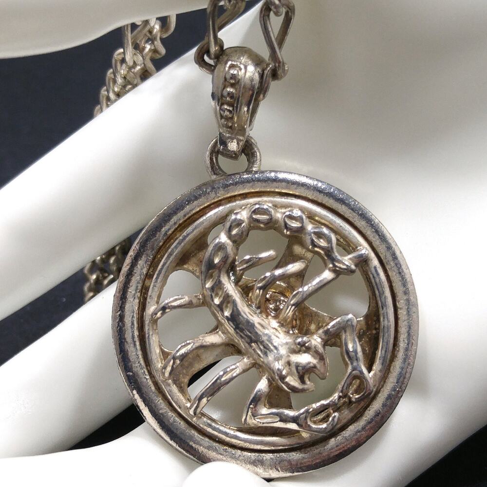 Vintage Scorpio Zodiac Spinner Pendant Necklace Silver Tone 24in